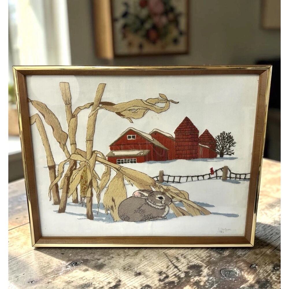 Vintage 1982 Crewel Embroidered Country Tranquility Barn Gold Trim Framed 19x15